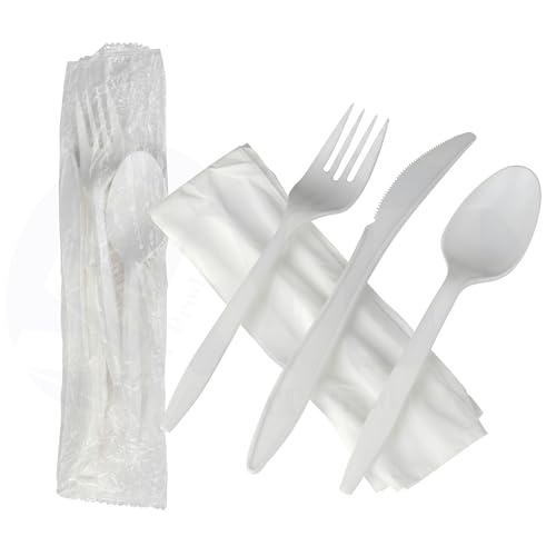 MT Products White Individually Wrapped Cutlery Plastic Utensils - Disposable Silverware Set - Pack of 50