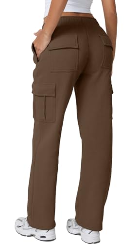 Image of QINSEN Baggy Medium Waist Elastic Sweatpants for Womens Casual Long Fleece Cargo Pants with Pockets