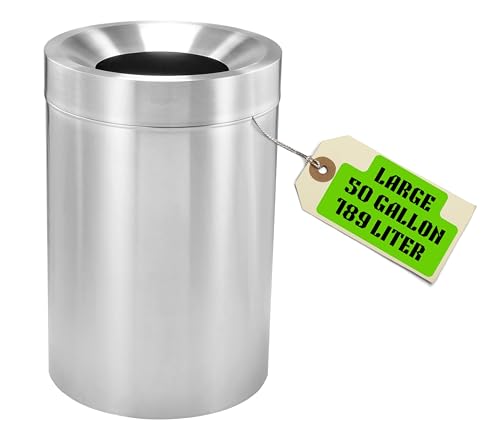 Alpine Industries Commercial Stainless Steel Trash Can – Open Top 50-Gallon Heavy-Duty Garbage Can, Modern, Round, Large Waste Receptacle for Indoor Use High-Traffic Areas - Brushed Silver