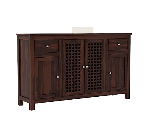 Image of Solid Sheesham Wood Wooden Sideboard Storage Cabinet : Ideal for Living Room and Bedroom with 2 Drawers and 7-Shelf Storage (Mendes, Walnut Finish)