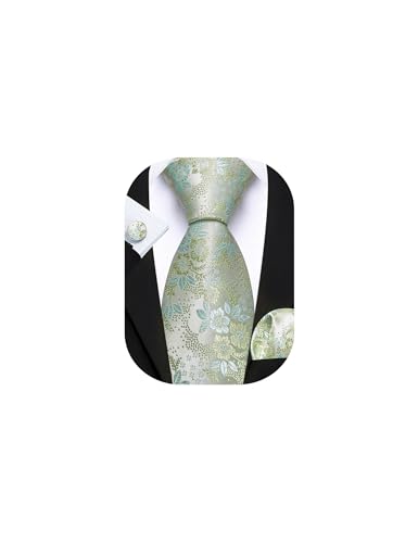 Barry.Wang Sage Green Baby Blue Tie for Men Floral Silk Necktie Pocket Square Cufflinks Set Formal Business Wedding Party Prom