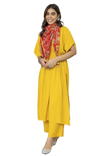Image of Janasya Women's Mustard Rayon Solid Kurta with Palazzo and Scarf