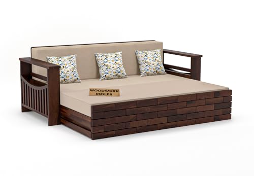 Image of Solid Sheesham Wooden Sofa Cums Bed with Mattresses for Living Room|Rosewood 3-Person Sofa Cums Bed for Bedroom Without Pillow (H-Walnut Finish)