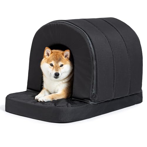 Pelzin Orthopädisches Hundehöhle - Hundehütte Outdoor Kratzfest - Hundehaus für Draußen - Waschbar und Wasserdicht Hundebett Mit Dach für Mittelgroße Hunde & Einen 76cm Hundekorb - 73x45cm Schwarz