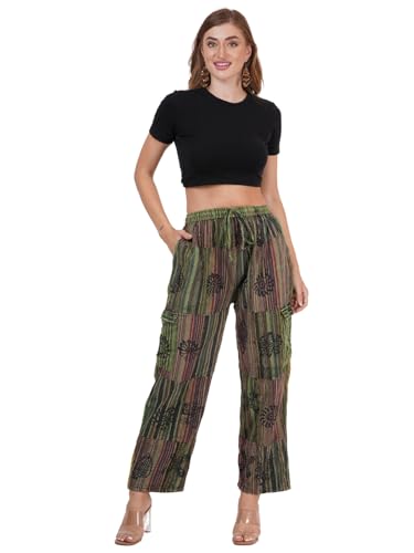 Women's Printed Patchwork Wide Leg Hippie Elastic Waist Drawstring Trousers Pants with Pocket, Pack of 03