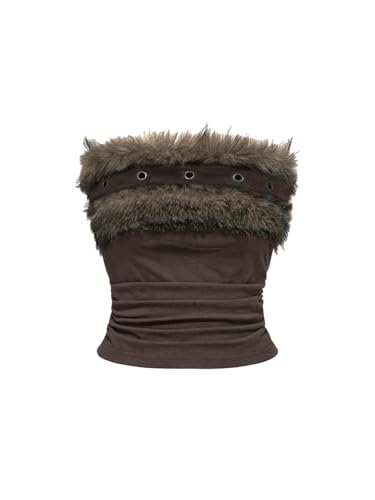 WDIRARA Womens Grunge Punk Faux Fur Tube Top Fuzzy Ruched Strapless Bandeau Crop Tops Brown Medium