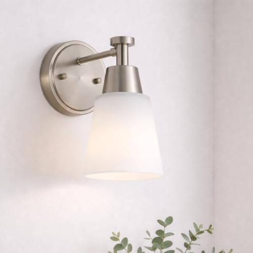SENKERFAN 1-Light Bathroom Vanity Light, Brushed Nickel Finish Wall Sconce with Milk Glass, Over Mirror, for Bathroom Vanity