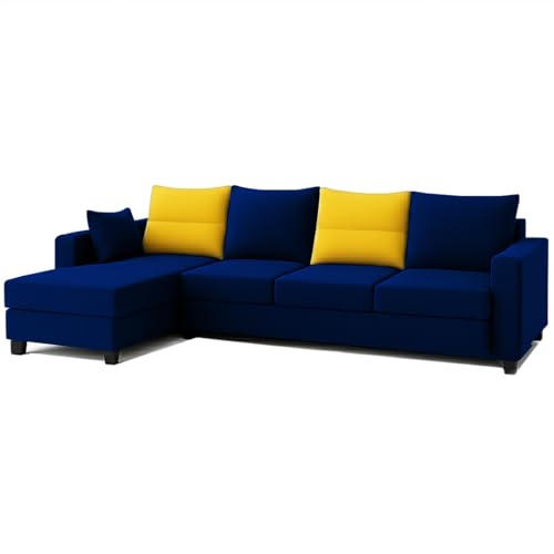 Image of CASASTYLE Texon 5 Seater Fabric LHS L Shape Sofa Set (Yellow-Dark Blue) Velvet Finish | Comfortable Sectional Sofa Set