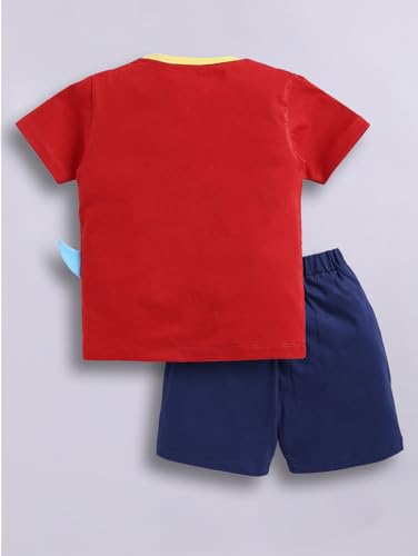Image of LITTLE NINJA Pure Cotton Knee Length Half Sleeve Roaring Dinasour Printed Tee & Shorts Set - Red 0-6M