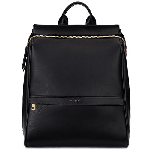 Image of MIA + SOPHIA Leather Diaper Bag Backpack with USB Charging port, Changing Pad, Stroller Straps, and Bottle Holder (Black Sophia)