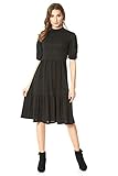 Einfargbig Roman Originals Damen Strickkleid in Midi-Länge mit Puffärmeln - Damen Fit-and-Flare-Kleid in Midi-Länge, lässig, Alltag, vielseitig, Volants, Kurzarm, hochgeschlossen - Schwarz - Größe 46