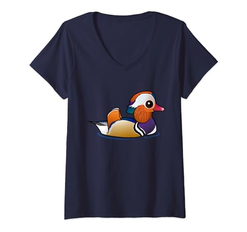Womens Cute Cartoon Mandarin Duck Birdorable Waterfowl Species V-Neck T-Shirt