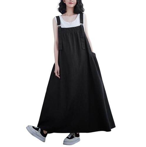 Image of Women's Casual Loose Denim Dress Sleeveless Adjustable Straps Denim Jumper Dress with Pockets