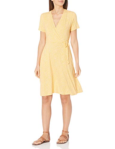 Photo 1 of **USED** Amazon Essentials Women's Cap-Sleeve Faux-Wrap Dress Sustainably Sourced Rayon Blend Yellow, Tulips Small