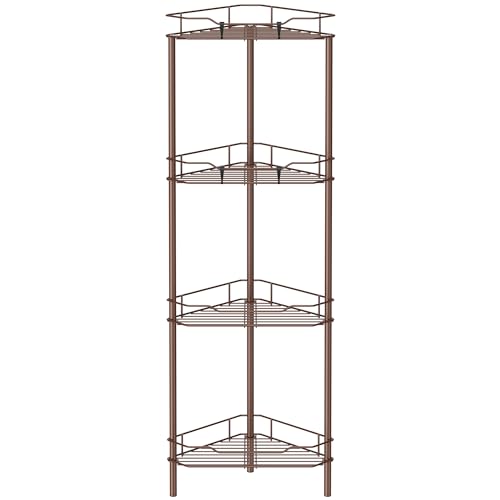 Image of HuggieGems 4 Tier Floor Standing Corner Shower Caddy Organizer Shelf with Hooks, Bathroom Shelves Stand Rack, Coffee