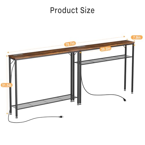 YORKING 78 Inch Console Table with Outlet, Sofa Table with Charging Station, Narrow Entryway Table, Skinny Hallway Table, Behind Couch Table, for Living Room - Rustic Brown - Thumbnail 3