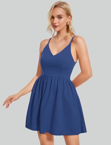 ROYLAMP Women's Casual Spaghetti Strap Dresses Elegant V-Neck A-line Swing Petite Tiered Short Mini Dress with Pockets3
