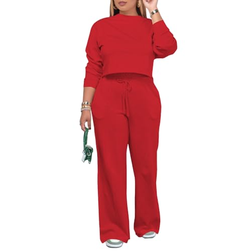 PINSV Women's 2 Piece Outfits Sweatsuit Set Long Sleeve Crop