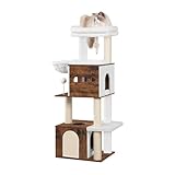 Hzuaneri 130 cm Torre para Gatos, 2 Cuevas para Gatos con Camas Acolchadas, Muebles para casa de Gato con 4 rascadores, Plataformas Grandes, rascador de Madera, Marrón Vintage MS13201WT