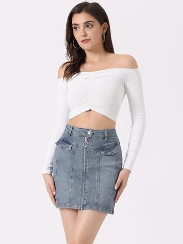 Allegra K Women's Denim Mini Skirts Summer Stretchy Washed Zipper Front Bodycon Jean Skirt2