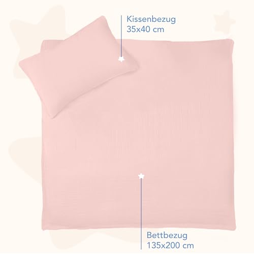 Dreamzie Baby Bettwäsche 80x80 cm + Kissenbezug 35x40 - Musselin aus 100% Baumwolle, Oeko-TEX Zertifiziert,atmungsaktiv & weich, ideal für Sommer & Kinderwagen - Rosa