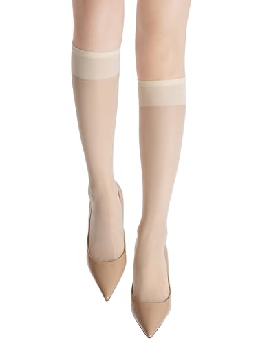 Image of leg elegant Sheer Knee High Stockings for Women, 6 Pairs Knee High Transparent Toes Nylons Pantyhose for Women