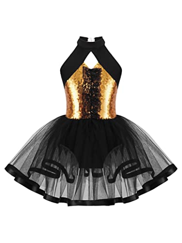 inlzdz Vestido Lentejuelas de Danza para Niña Maillot de Gimnasia Rítmica Circo Vestido de Baile Latino Jazz Disfraz de Bailarina Ballet para Fiesta Navidad Carnaval U Dorado 9-10 años Cover