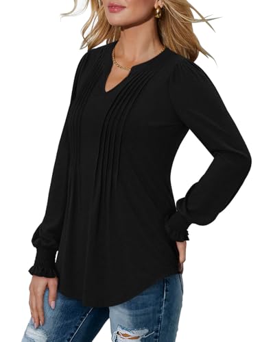 BETTE BOUTIK Long Sleeve Shirts for Women Fall Tops Dressy Blouses Pleated V Neck Tunic Tops for Leggings S-3XL