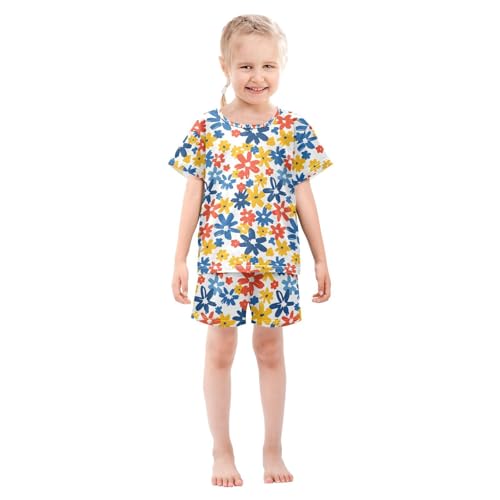 ALAZA Watercolor Flower Blossom Floral Pajamas Set Short Sleeve Cotton Sleepwear Summer Pjs 2 Piece 5-14Y3
