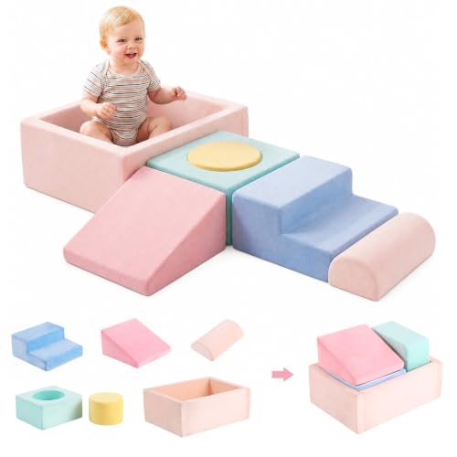 Image of Tiita Baby Climb and Crawl Playset 5-Piece, Kids Foam Climbing Block with Small Ball Pit - Indoor Soft Play Climber for Playtime Fun, Grey Star, Multicolor