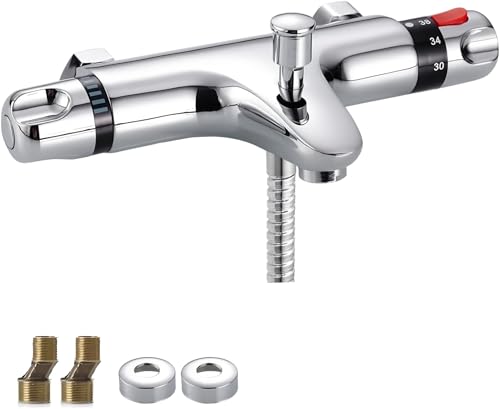 Eumatenova Mitigeur Douche Thermostatique Murale,Robinet pour Baignoire avec 2 Sorties D'eau,Laiton Robinet Douche pour Salle de Bain avec 38°C Bouton de Sécuri