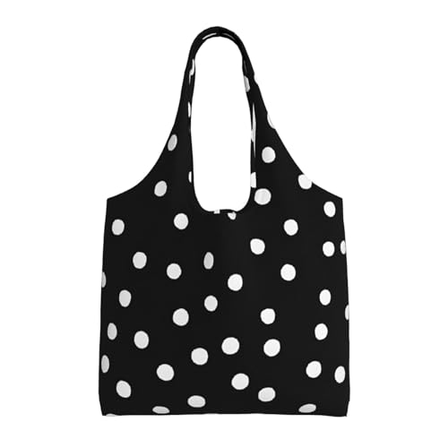 (Black White Polka Dots) Large Tote Shoulder Bag Fashion Canvas Handbag Reusable Shopping Bag Travel Bag For Women