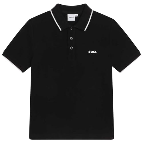 BOSS Boys Short Sleeve Knit Polo Shirt, Soft and Breathable, School Uniform with Striped Collar, Black, 6 Years