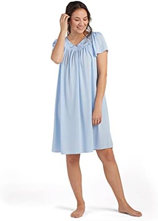 Miss Elaine Women's Short Tricot Nightgown, Flutter Sleeves and Premium Lightweight Fabric, Embroidered Neckline