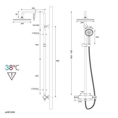 Rainsworth Thermostatic Shower Mixer Set Chrome, 25cm Round Overhead Rainfall Shower, 3 Jet Types Handheld Shower, Height Adjustable Shower System