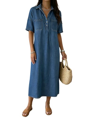 chouyatou Women's Distressed Button Up Denim Polo Shirt Dress Short
