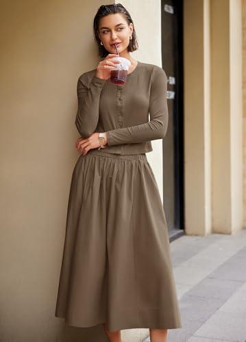 Image of Panadila Womens 2 Piece Lounge Sets Matching Vacation Outfits Ribbed Button Down Cardigan and Elastic Waist Skirt Sets