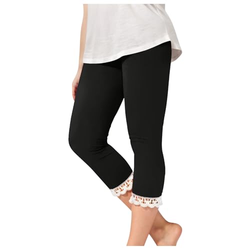 Girls Lace Trim Capri Leggings Stretchy High Waisted Yoga Cropped Cute Summer Lightweight Dance Tights 2-13Y