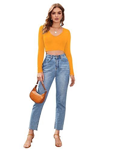 Image of LONDON BELLY Women's Polyester Crop Top with V Neck Full Sleeves Solid Pattern Regular Fit and Crop Length | Crop Tops for Woman | Women Chic Everyday Wear Top