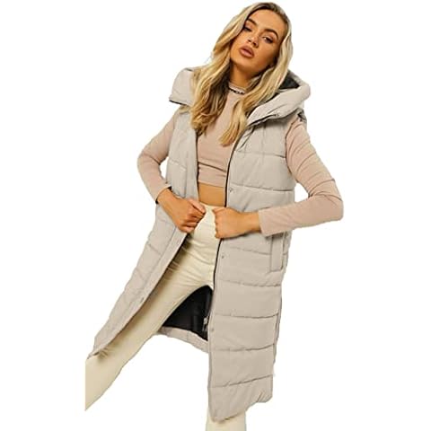 Fashion Forever Ladies Long Line Hooded Puffer Padded Sleeveless Gilet Bodywarmer Jacket Zipper (Beige, M) Cover