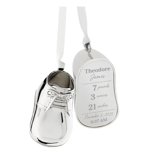 Personalization Universe Tiny Blessing Silver Baby Bootie Metal Christmas Ornament, Personalized Engraved Keepsake, Zinc Alloy and Stainless Steel, 2.75 x 1.75 x 1.5 Inches