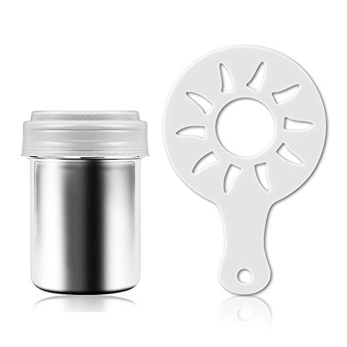 Besokuse Stainless Steel Powder Shakers Coffee Cocoa Cinnamon Shaker Fine Mesh Duster,with 16 pcs Cappuccino Coffee Latte Art Stencils Model Mould