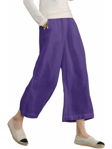 Image of ECUPPER Womens Cotton Cropped Pants Loose Fit Wide Leg Trousers | Casual, Plus Size, Elastic Waist, Capri, 100% Cotton, Slant Pockets, High Rise Waist, Lounge Pants