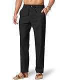 COOFANDY Leinenhose Herren mit Kordelzug Sommerhose Leicht Freizeithose Atmungsaktiv Baumwolle Leinen Hosen mit Taschen Schwarz M