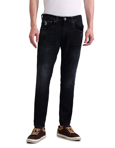 Image of US Polo Association Men's Blue Solid Mid Rise Light Button Slim Jeans (UDJEN1367 Blue 30)