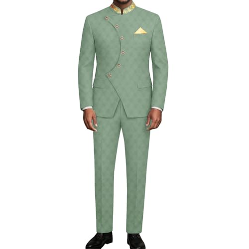 Ourmoon African Men Traditional Clothing Set Dashiki Shirts and Pants Formal Ethnic Suit for Wedding Evening Tracksuit(Green,Large)