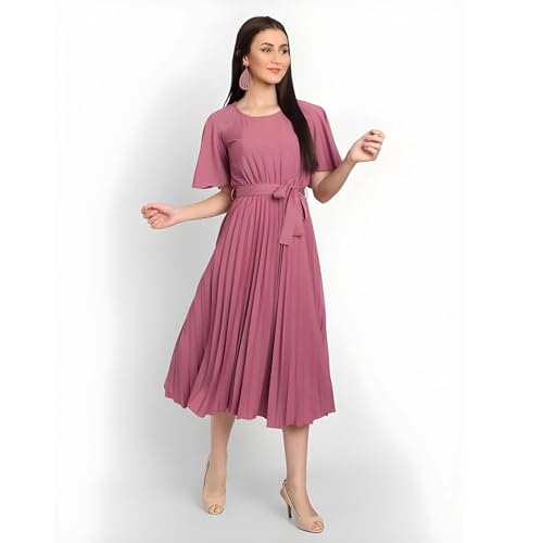 Image of KUDUZO Women's Crepe Long Pleated Below Knee Length Flutter Sleeve Round Neck S to XL Maxi Dress for Girls. (EG-U0IM-B9A1)