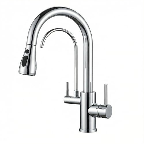 FORIOUS Grifo Cocina, Grifo 3 vias, Torneira Cozinha Giratorio a 360° con Filtro de Agua Potable, Grifo Cocina Extraíble con 2 Palancas, Cromo Pulido