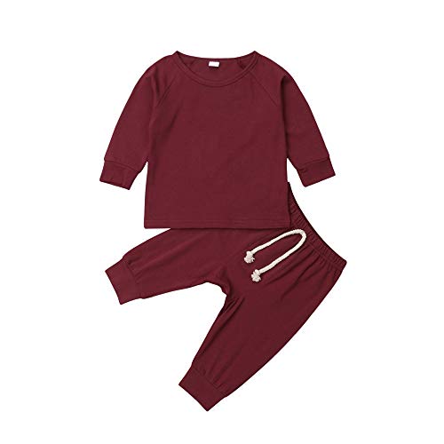 2Pcs Toddler Infat Baby Boys Girls Cotton Clothes Long Sleeve Plain Tops Shirt & Long Pants Clothing Sets Wine Red