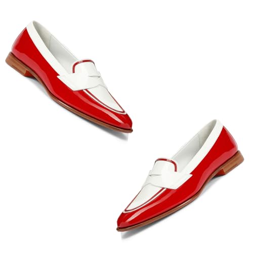 Image of Women Patent Slip On Loafer Flats Two Tone Round Toe Flat Heel Penny Loafers Casual 1 inch Low Heel Loafer Dress Shoes Oxford Comfort Chic Colorblock Office Ladies 4-11 M US